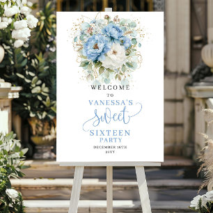 Póster Bienvenida a Sweet Sixteen de peonías azules y dor