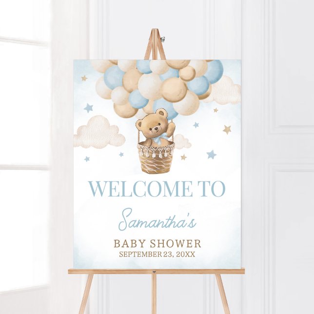 Póster Bienvenida a Teddy Bear Hot Air Balloon (Boho Blue Bear Baby Shower Welcome Sign)