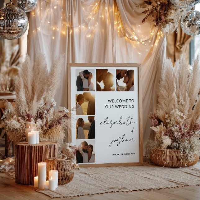 Póster Bienvenida a un Boda de foto con nombre Minimalist (Modern Minimalist Name Photo Grid Wedding Welcome Poster)