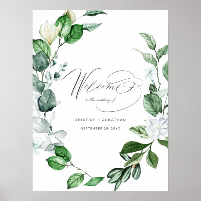 Póster Bienvenida a un Boda floral Wreath Sage Greenery (Frente)