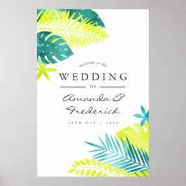 Póster Bienvenida a un Boda tropical verde azulado y limó