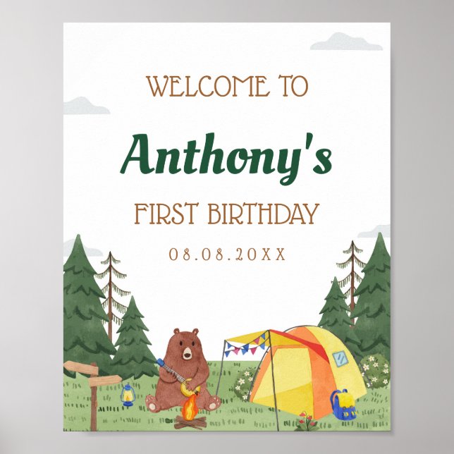 Póster Bienvenida a un campamento feliz primer cumpleaños (Frente)