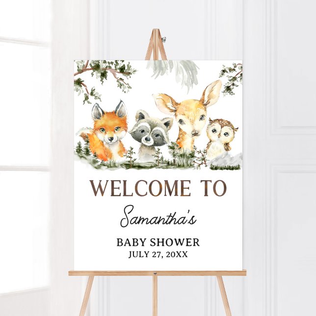 Póster Bienvenida a un chico de Woodland (Woodland Forest Baby Shower Welcome Sign)