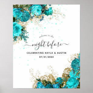 Póster Bienvenida a un ensayo de Boda turquesa y dorado
