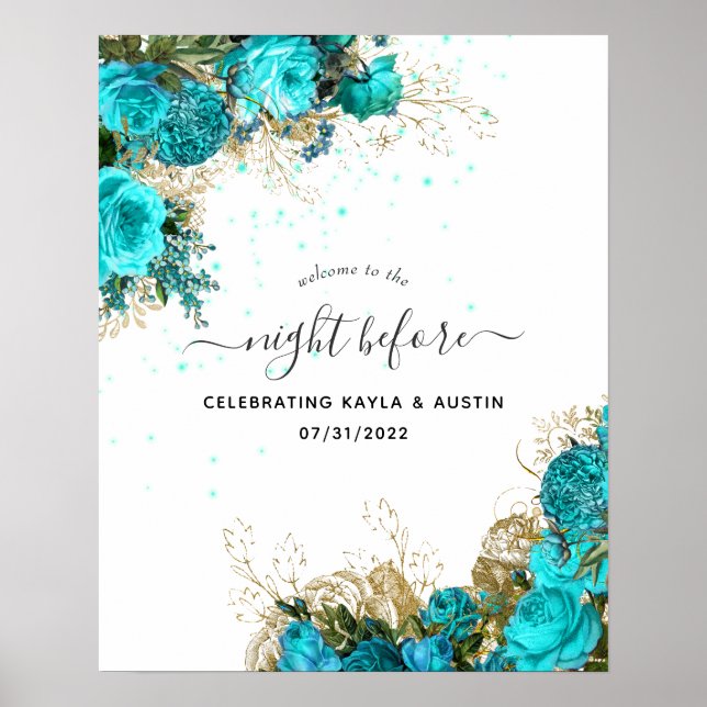Póster Bienvenida a un ensayo de Boda turquesa y dorado (Frente)