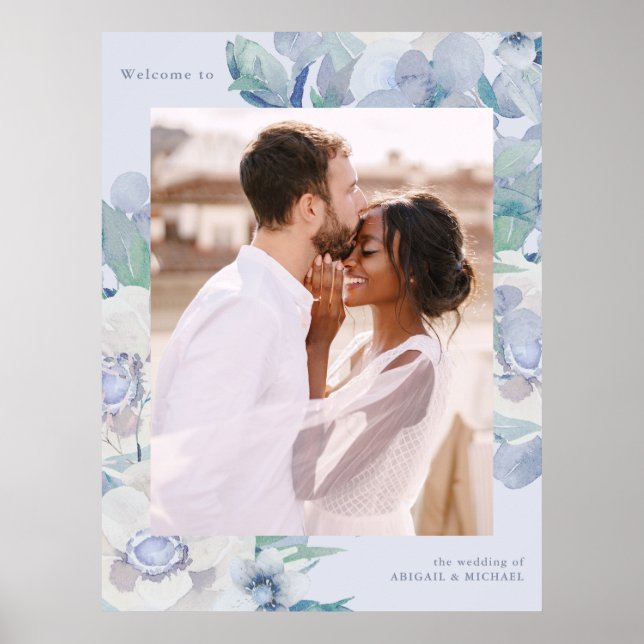 Póster Bienvenida a un simple Boda de fotos Floral azul (Frente)