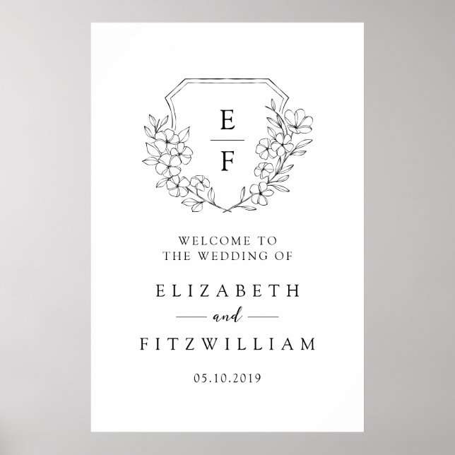 Póster Bienvenida a un simple Escudo monograma con flores (Frente)