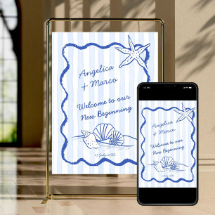 Póster Bienvenida a una boda en la playa de borde ondulad