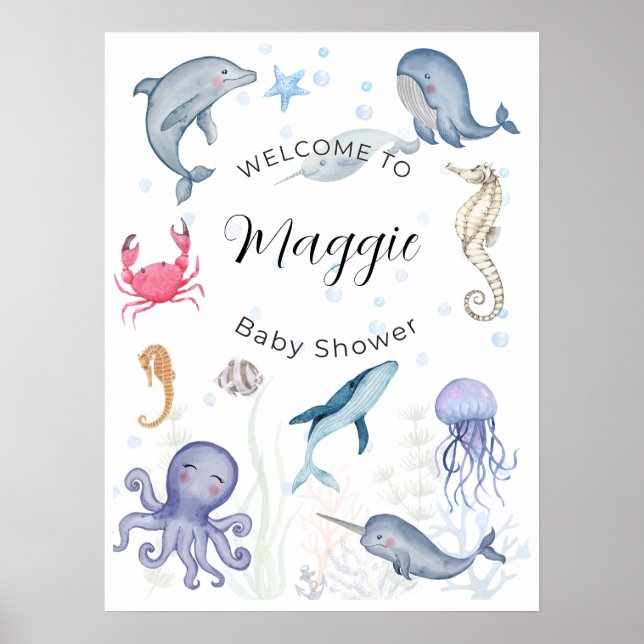 Póster bienvenida a una ducha de bebé bajo el mar (Frente)
