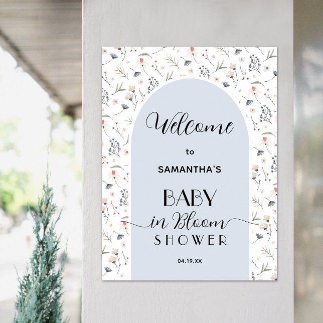 Póster Bienvenida a Wildflower Boy Baby Shower (Wildflower blue boy baby shower welcome poster, PRINTED and/or INSTANT DOWNLOAD)