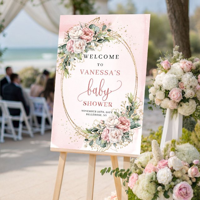 Póster Bienvenida adorable en polvo rosa con flores para  (Adorable Dusty Pink Floral Baby Shower Welcome Sign)