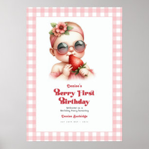 Póster Bienvenida al 1er Cumpleaños de Fresa con Gingham 