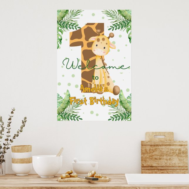 Póster Bienvenida al 1er Cumpleaños de Jirafa Adorable (Cocina)