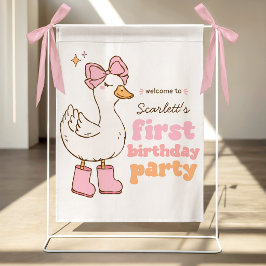 Póster Bienvenida al 1er cumpleaños de una niña rosa gans