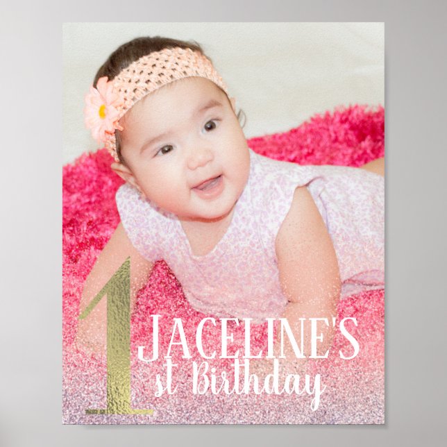 Póster Bienvenida al 1er Cumpleaños Foto con Brillo Rosa  (Frente)