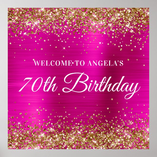 Póster Bienvenida al 70 cumpleaños en Glitter Dorado Rosa (Frente)