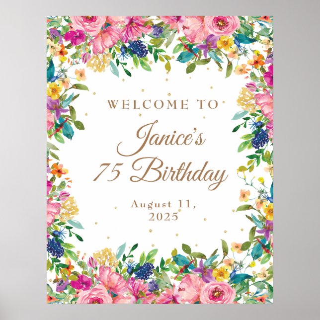 Póster Bienvenida al 75 cumpleaños con flores rosadas y b (Frente)