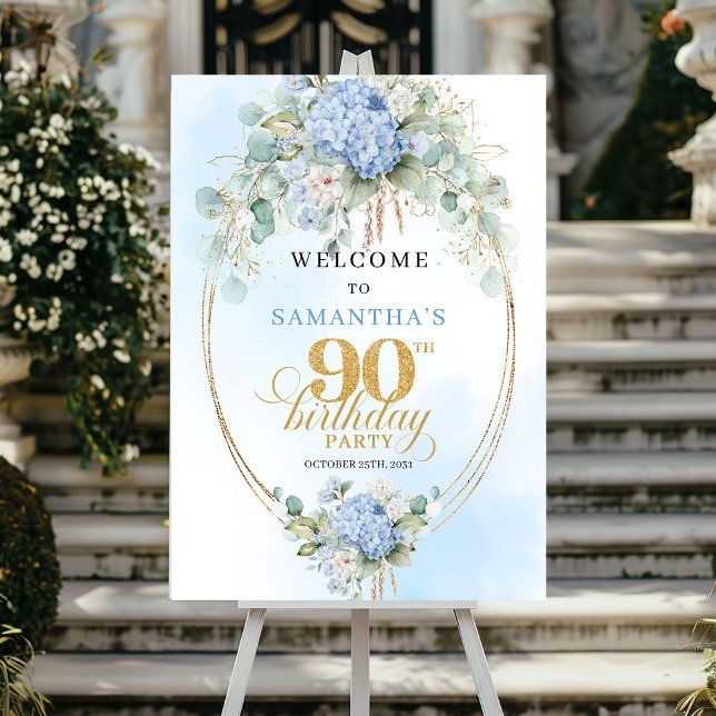 Póster Bienvenida al 90 cumpleaños Moderno Suave Floral A (Modern Soft Blue Floral Gold 90th Birthday Welcome)