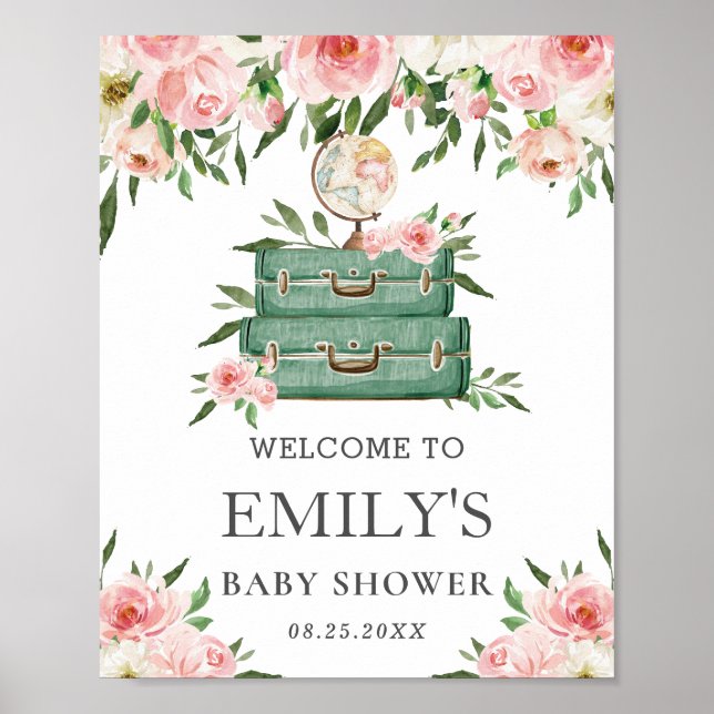 Póster Bienvenida al Baby Shower Aventura Floral Rosa (Frente)