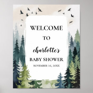 Póster Bienvenida al baby shower Aventura Montañas Bosque