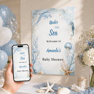 Póster Bienvenida al baby shower bajo el mar océano azul