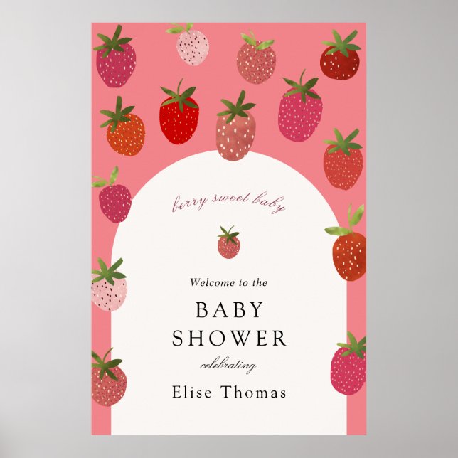 Póster Bienvenida al baby shower Berry Sweet Strawberry (Frente)