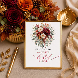 Póster Bienvenida al baby shower boho de otoño marsala co