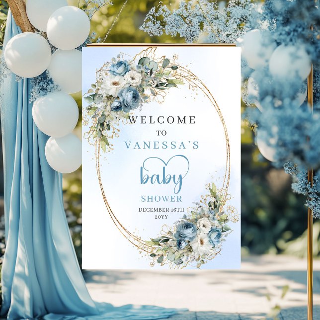 Póster Bienvenida al baby shower Boho Dusty Blue Floral E (Boho Dusty Blue Floral Eucalyptus Baby Shower Welcome

)