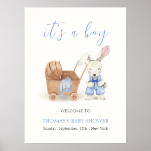 Póster Bienvenida al Baby Shower Boho Stroller Rabbit Boy