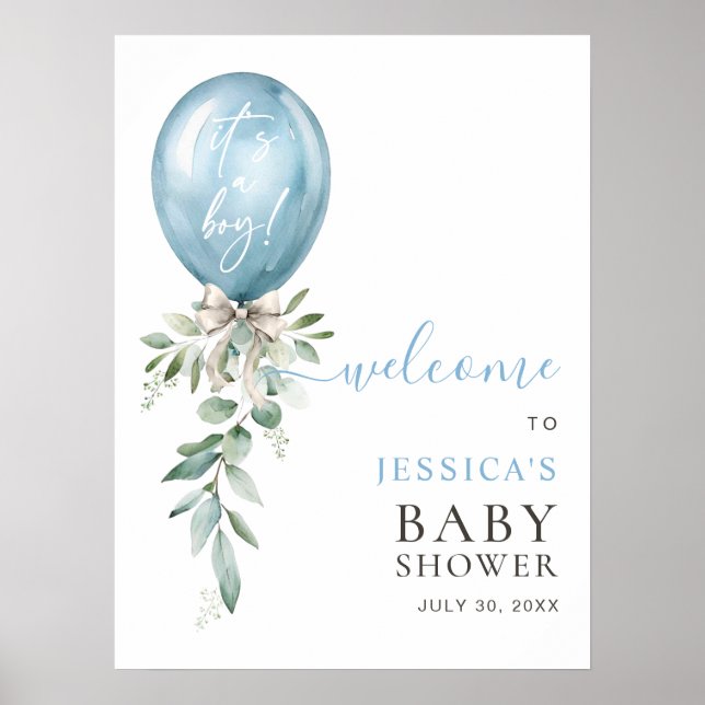 Póster Bienvenida al baby shower con arco de globos azule (Frente)