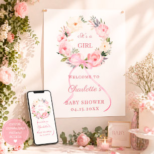 Póster Bienvenida al baby shower con corona floral rosa