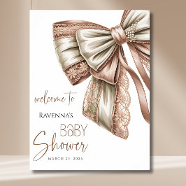 Póster Bienvenida al baby shower con lazo de encaje perla