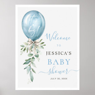 Póster Bienvenida al baby shower con lazo de globo azul y
