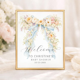 Póster Bienvenida al baby shower con lazo floral acuarela