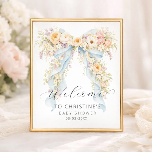 Póster Bienvenida al baby shower con lazo floral acuarela (Subido por el creador)