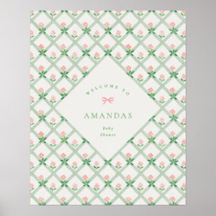 Póster bienvenida al baby shower con lazo rosa floral cot