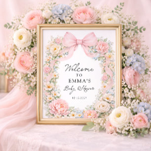 Póster Bienvenida al baby shower con lazo rosa y flores C