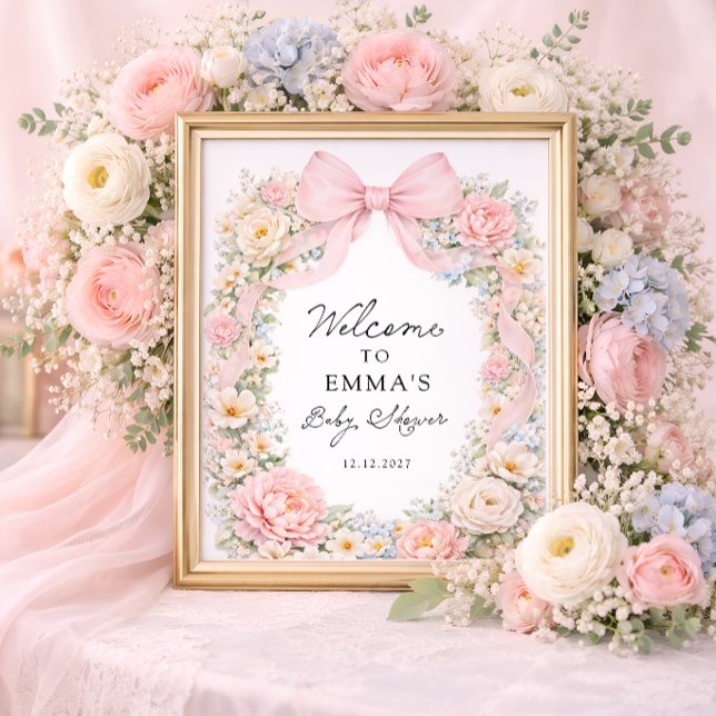 Póster Bienvenida al baby shower con lazo rosa y flores C (Subido por el creador)