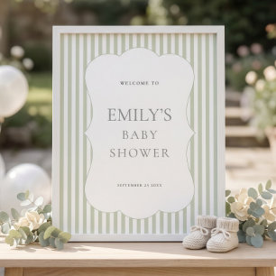 Póster Bienvenida al baby shower con rayas de salvia y bo