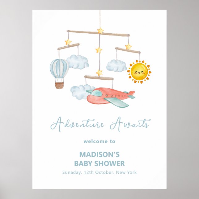Póster Bienvenida al Baby Shower de Avión Mono Aerostátic (Frente)