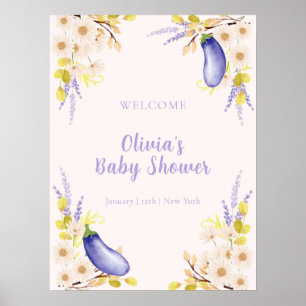 Póster Bienvenida al baby shower de berenjena floral de m