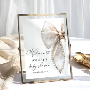 Póster Bienvenida al baby shower de la niña con lazo perl