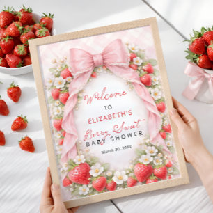 Póster Bienvenida al baby shower de lazo rosa de fresa