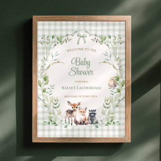 Póster Bienvenida al baby shower de madera verde a cuadro