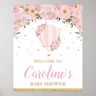 Póster Bienvenida al baby shower de niña en globo aerostá