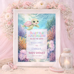 Póster Bienvenida al baby shower de tortuga marina pequeñ