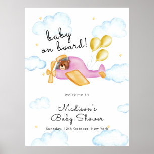 Póster Bienvenida al baby shower del avión globo oso pilo