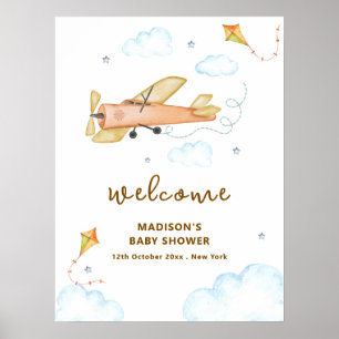 Póster Bienvenida al baby shower del avión vintage adorab