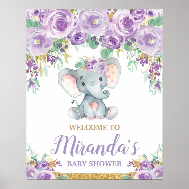 Póster Bienvenida al Baby Shower del Elefante Floral Púrp (Frente)