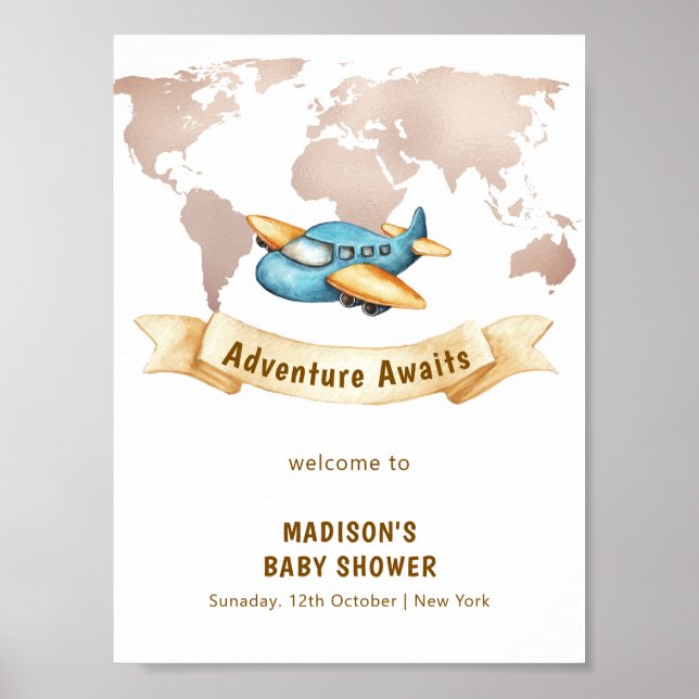 Póster Bienvenida al baby shower del niño con mapa del mu (Frente)